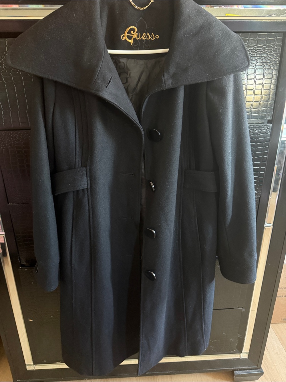 Guess Black Wool Coat with Oversized Collar